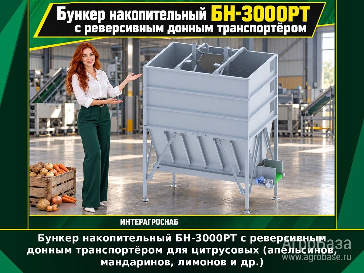 Бункер накопительный БН-3000РТ с реверсивным донным транспортёром для цитрусовых